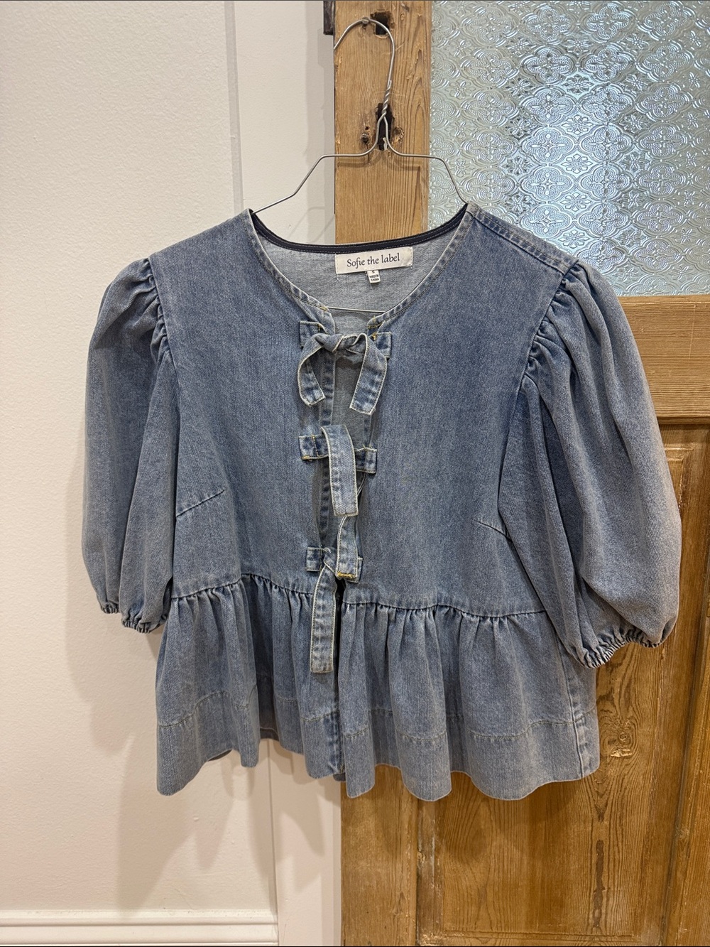 Sofie the Label Blue Denim Puff-Sleeve Peplum Blouse